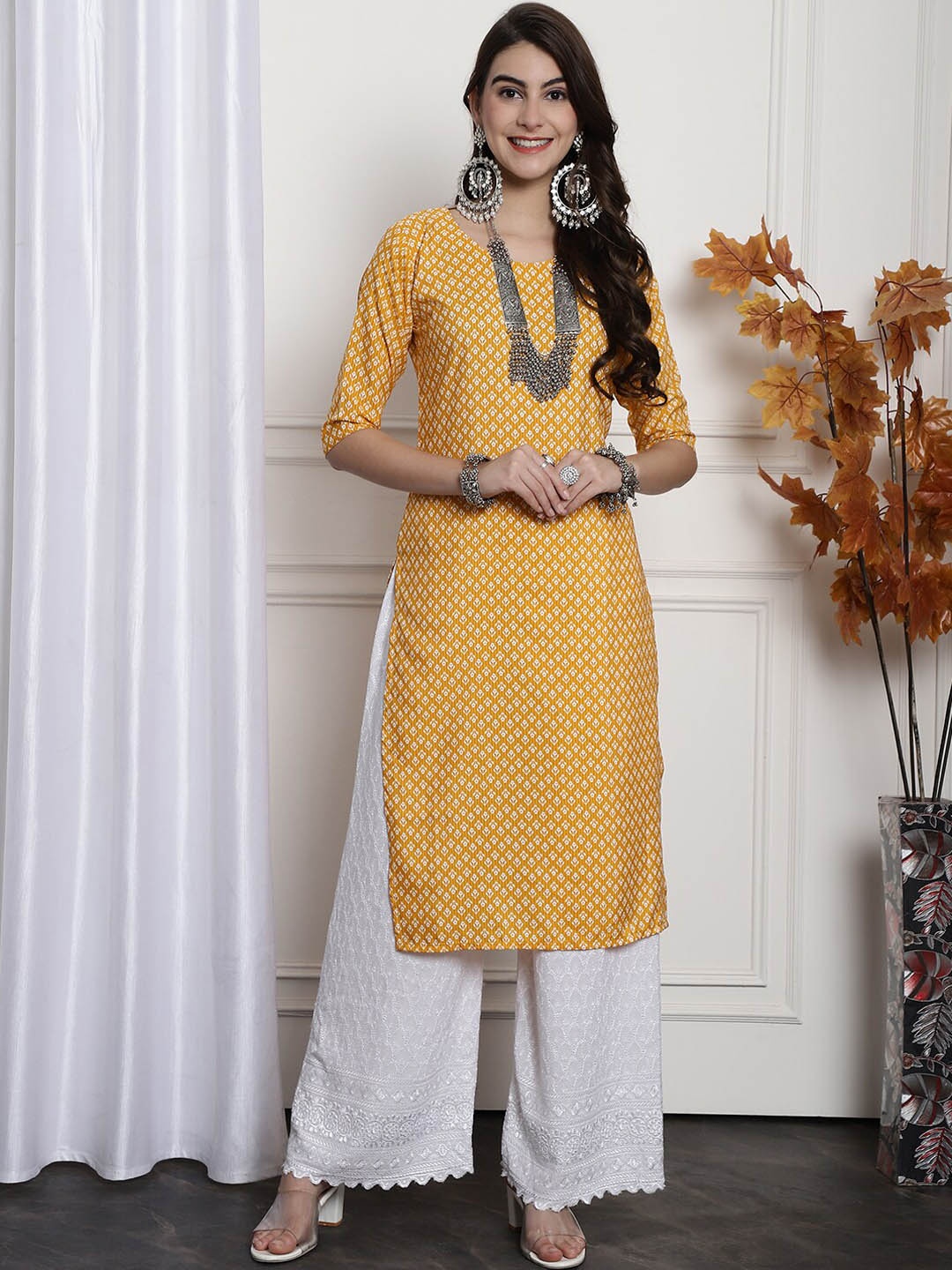 

Ethnic basket Ethnic Motifs Printed Straight Crepe Kurta, Mustard