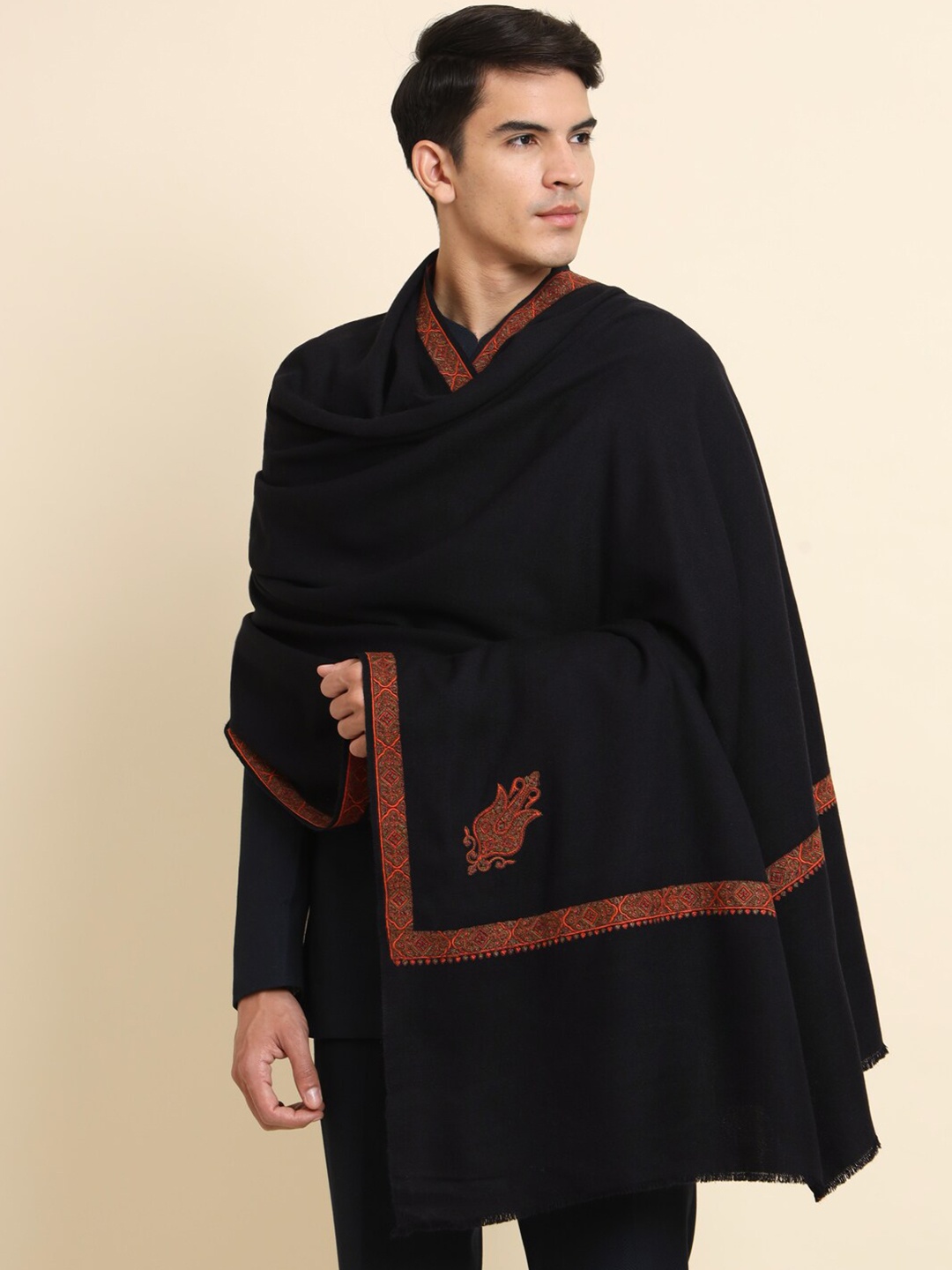 

Zamour Men Ethnic Motifs Kashmiri Embroidered Lohi Shawl, Black