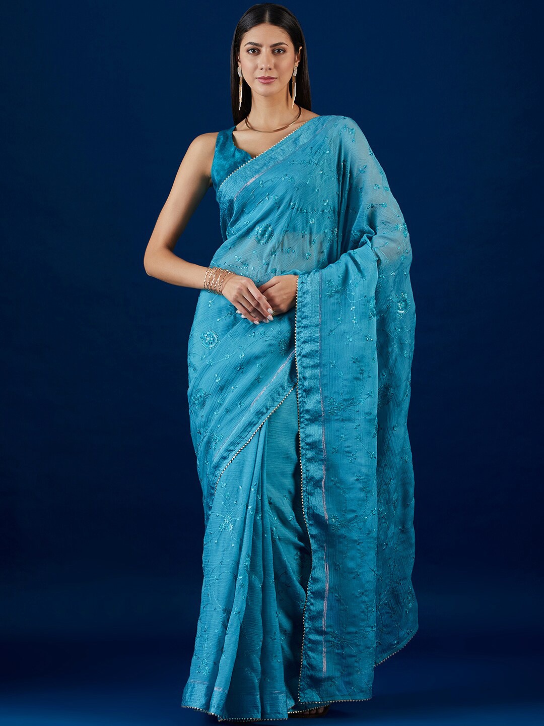 

Anouk Blue Floral Embroidered Pure Chiffon Saree With Gotta Patti Detail