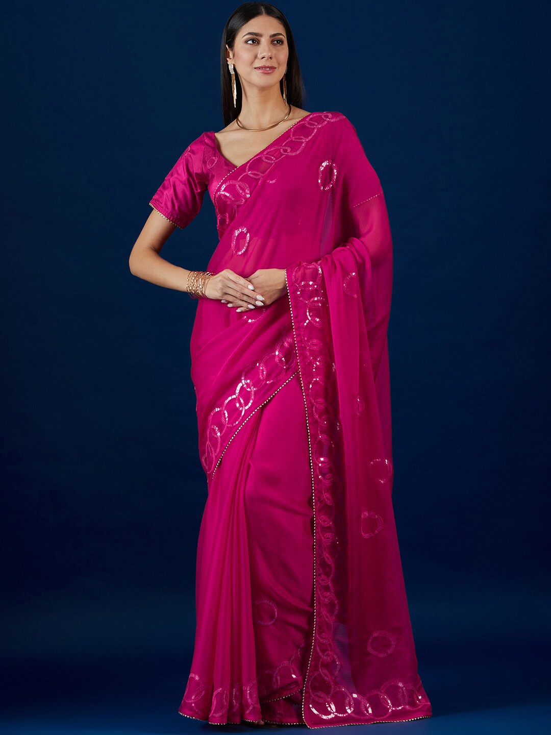 

Anouk Pink Geometric Embellished Sequinned Pure Chiffon Saree With Gotta Patti Detail
