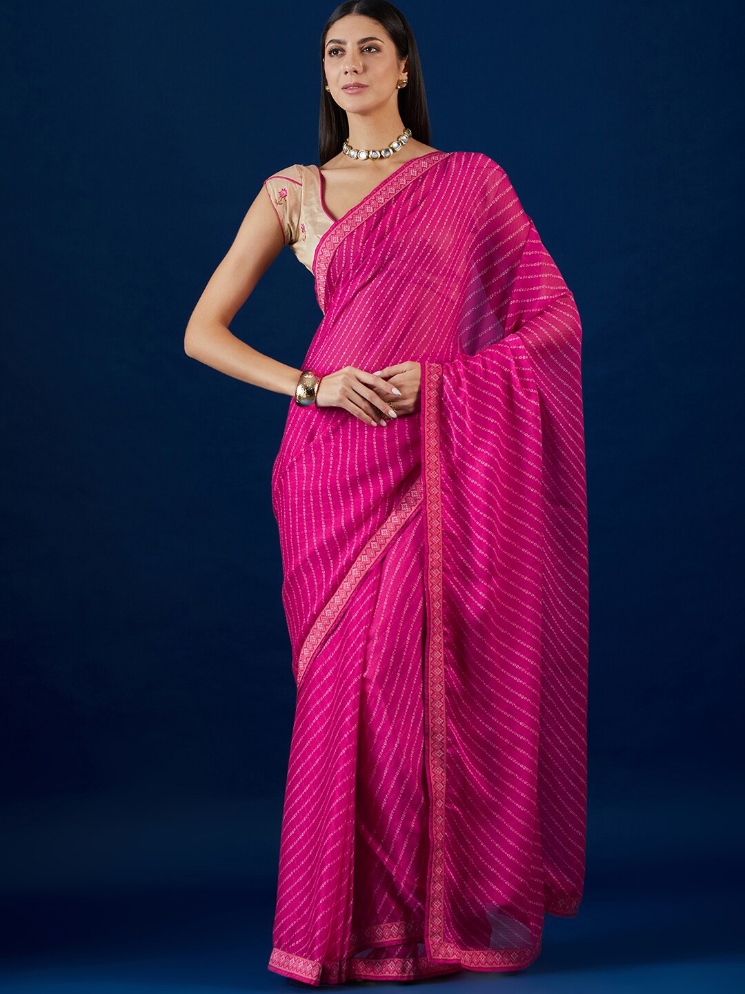 

Anouk Pink Bandhani Printed Pure Chiffon Bandhani Saree