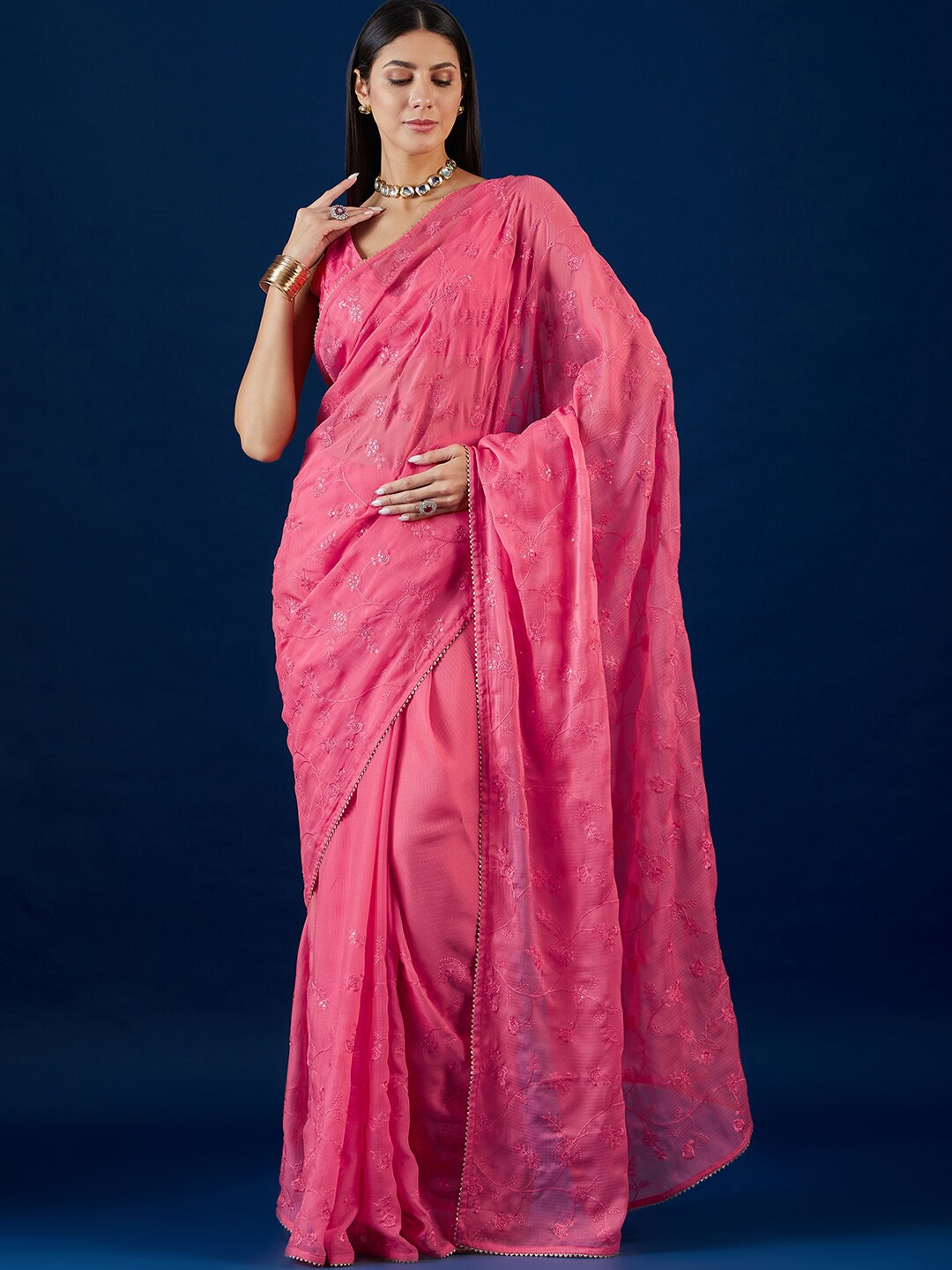 

Anouk Peach-Coloured Floral Embellished Pure Chiffon Saree With Gotta Patti Detail