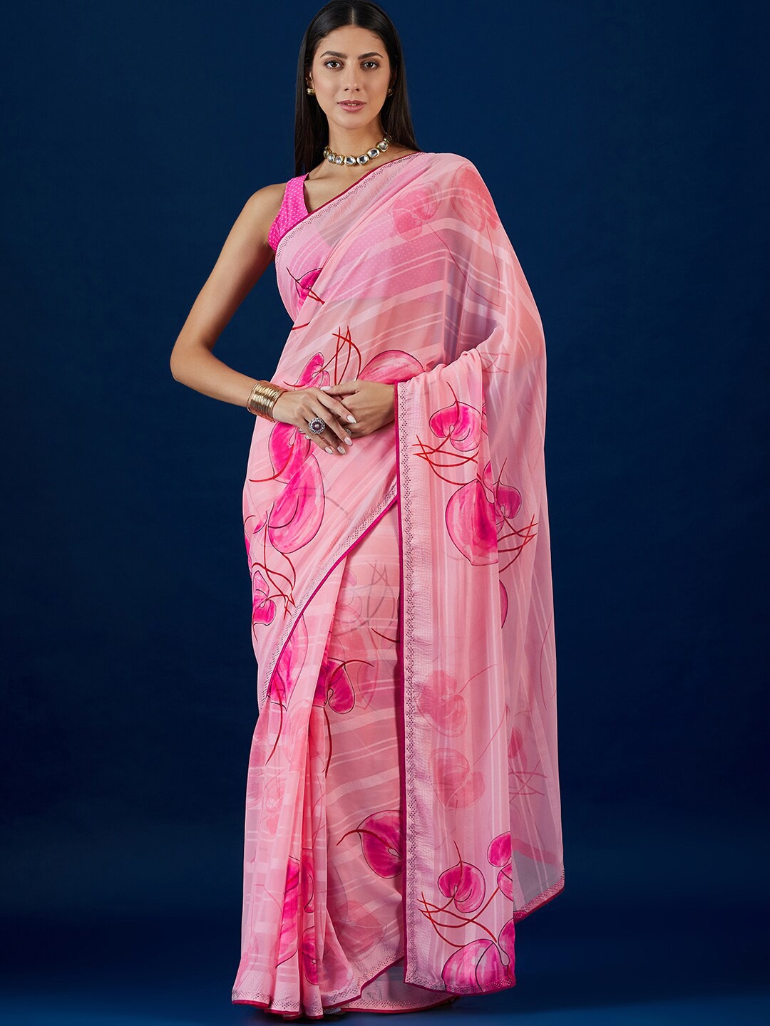 

Anouk Pink Floral Embellished Pure Georgette Saree