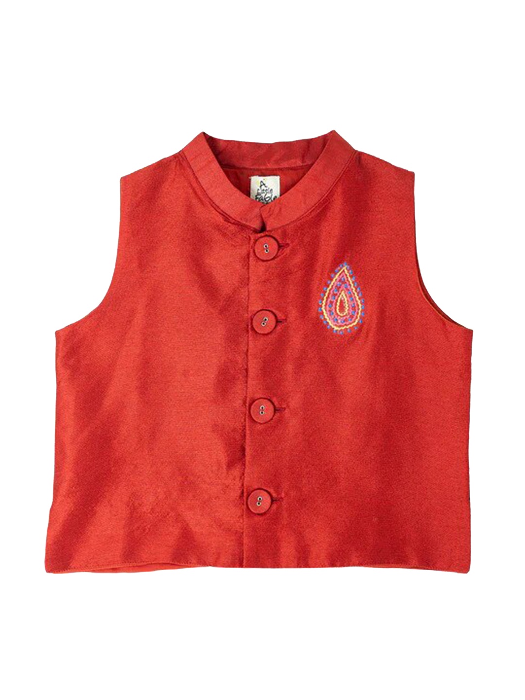

A Little Fable Boys Embroidered Woven Nehru Jacket, Red