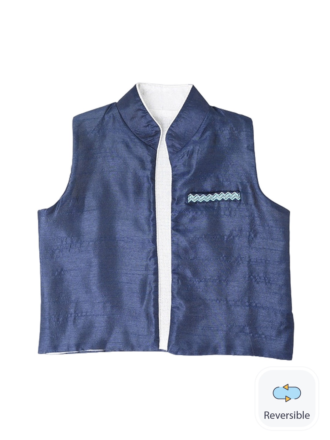 

A Little Fable Boys Woven Mandarin Collar Slim-Fit Reversible Front-Open Waistcoat, Navy blue