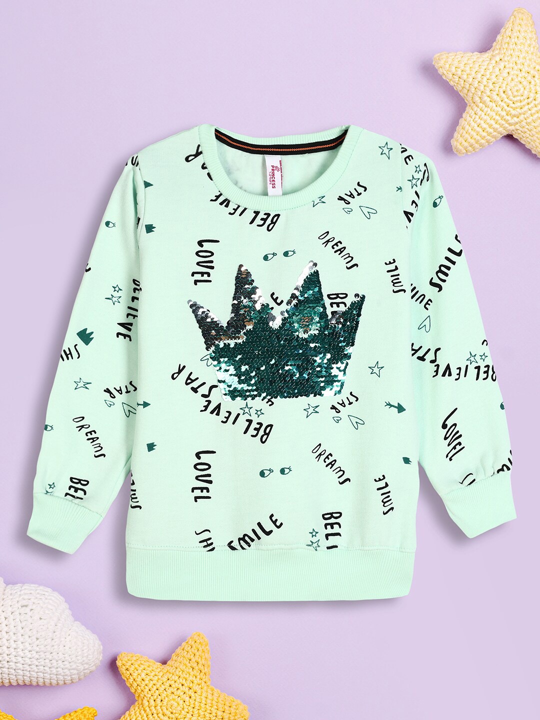 

V-Mart Girls Typography Printed Sequinned Fleece Sweatshirt, Green