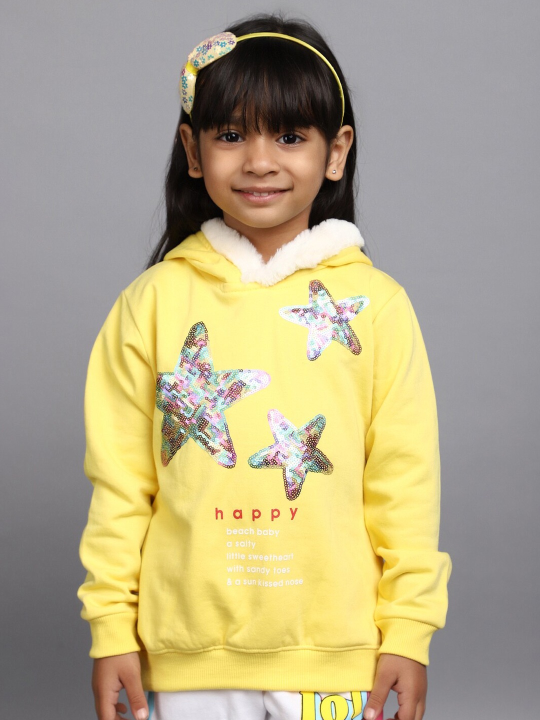 

V-Mart Girls Hooded Sequinned Fleece Sweatshirt, Yellow