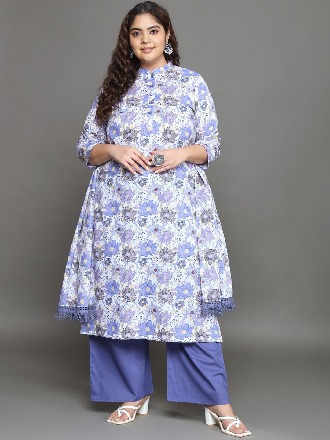 

Tissu Plus Size Floral Printed Regular Pure Cotton Kurta with Palazzos & With Dupatta, White