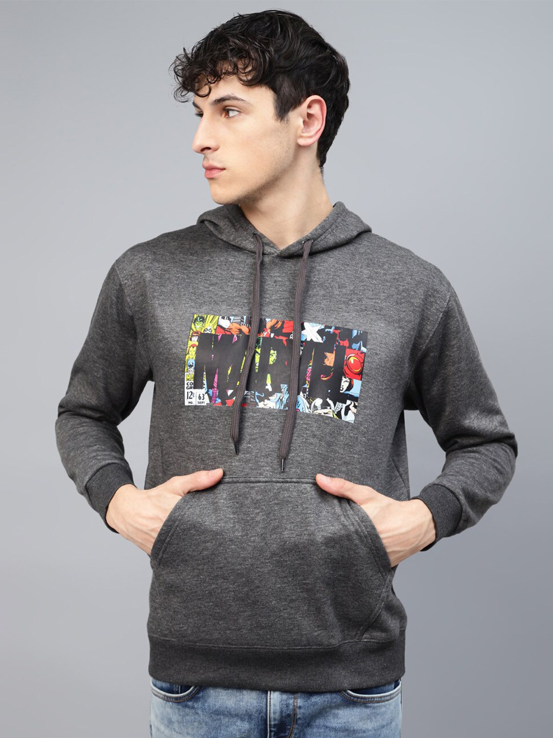 

Kook N Keech Marvel Printed Long Sleeves Hooded Pullover Sweatshirt, Grey melange