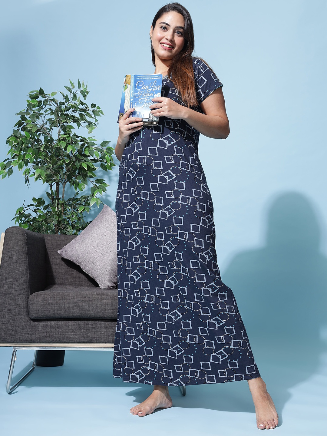 

9shines Label Geometric Printed Pure Cotton Maxi Nightdress, Navy blue