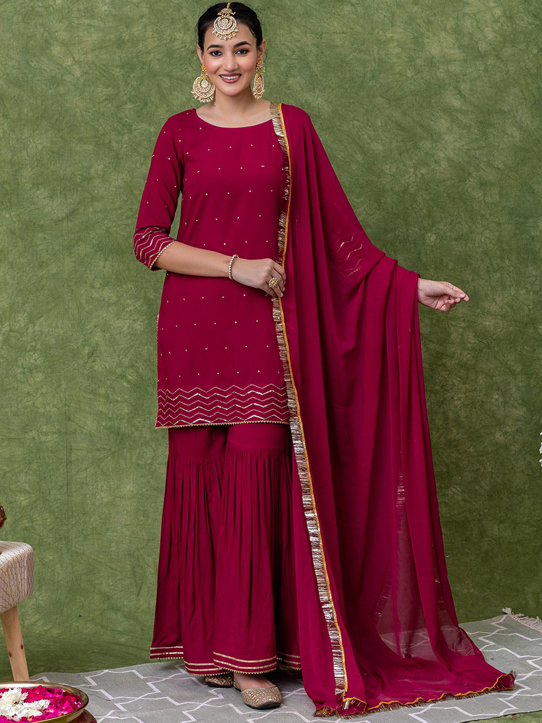 

KASYA Embroidered Sequinned Kurta with Palazzos & Dupatta, Maroon