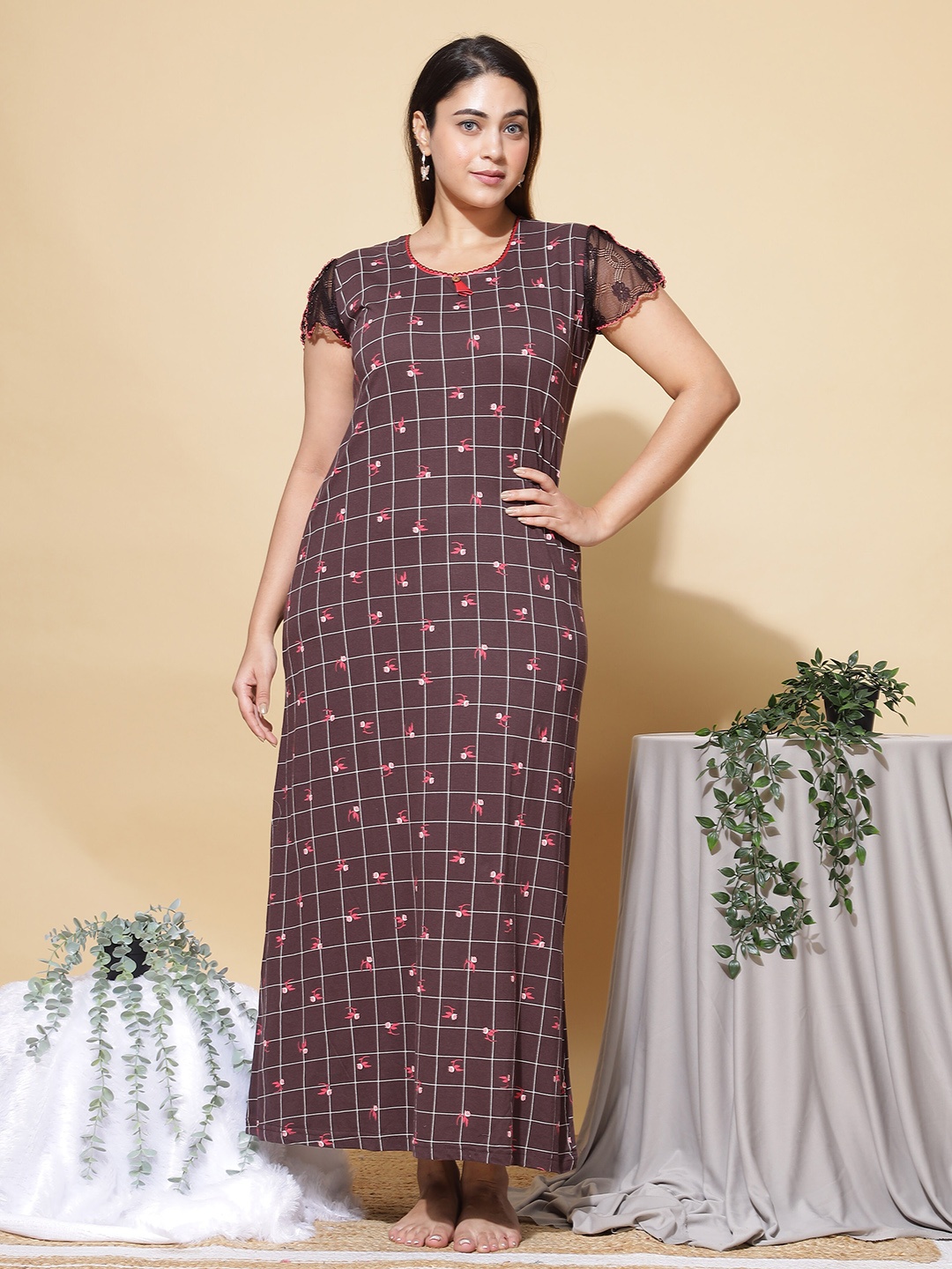 

9shines Label Floral Printed Pure Cotton Maxi Nightdress, Brown
