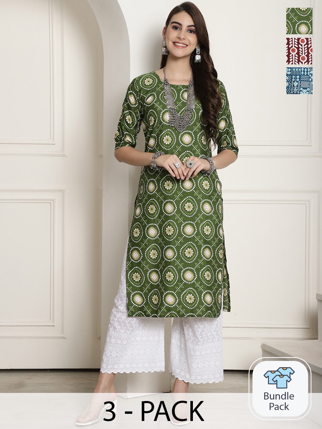 

7Threads Selection Of 3 Floral Printed Straight Kurtas, Green
