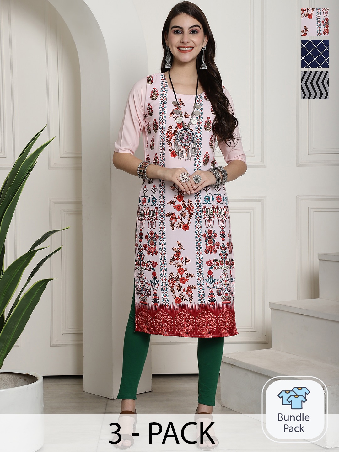 

7Threads A Selection of 3 Ethnic Motifs Printed Straight Kurta, Pink
