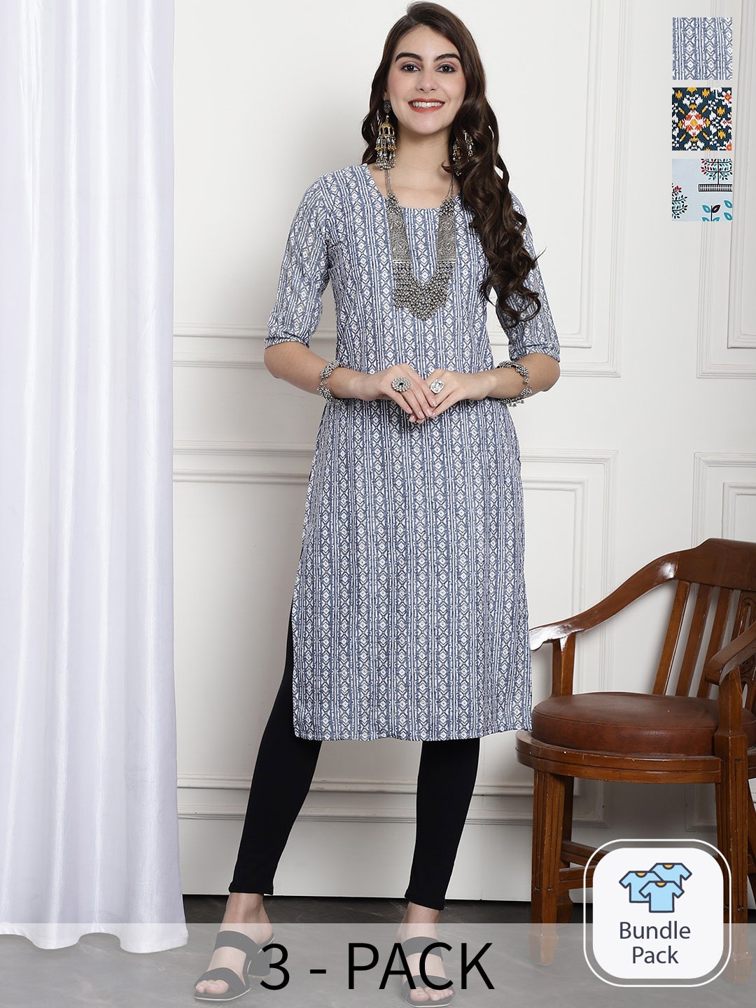 

7Threads A Selection of 3 Ethnic Motifs Printed Straight Kurta, Blue