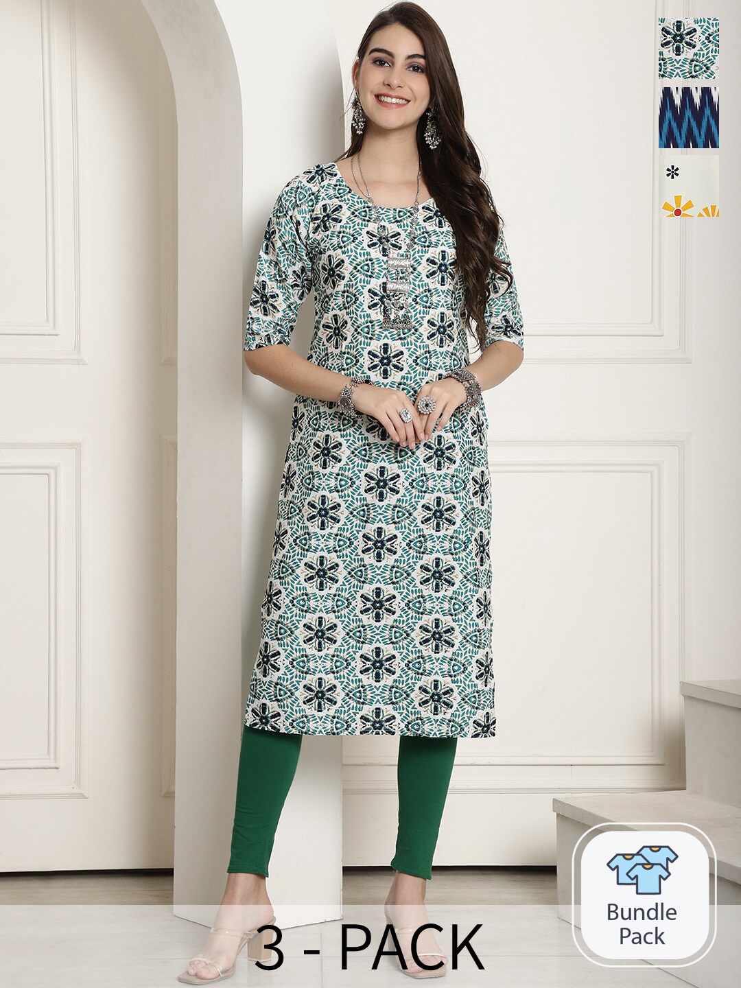 

7Threads A Selection of 3 Ethnic Motifs Printed Straight Kurta, White