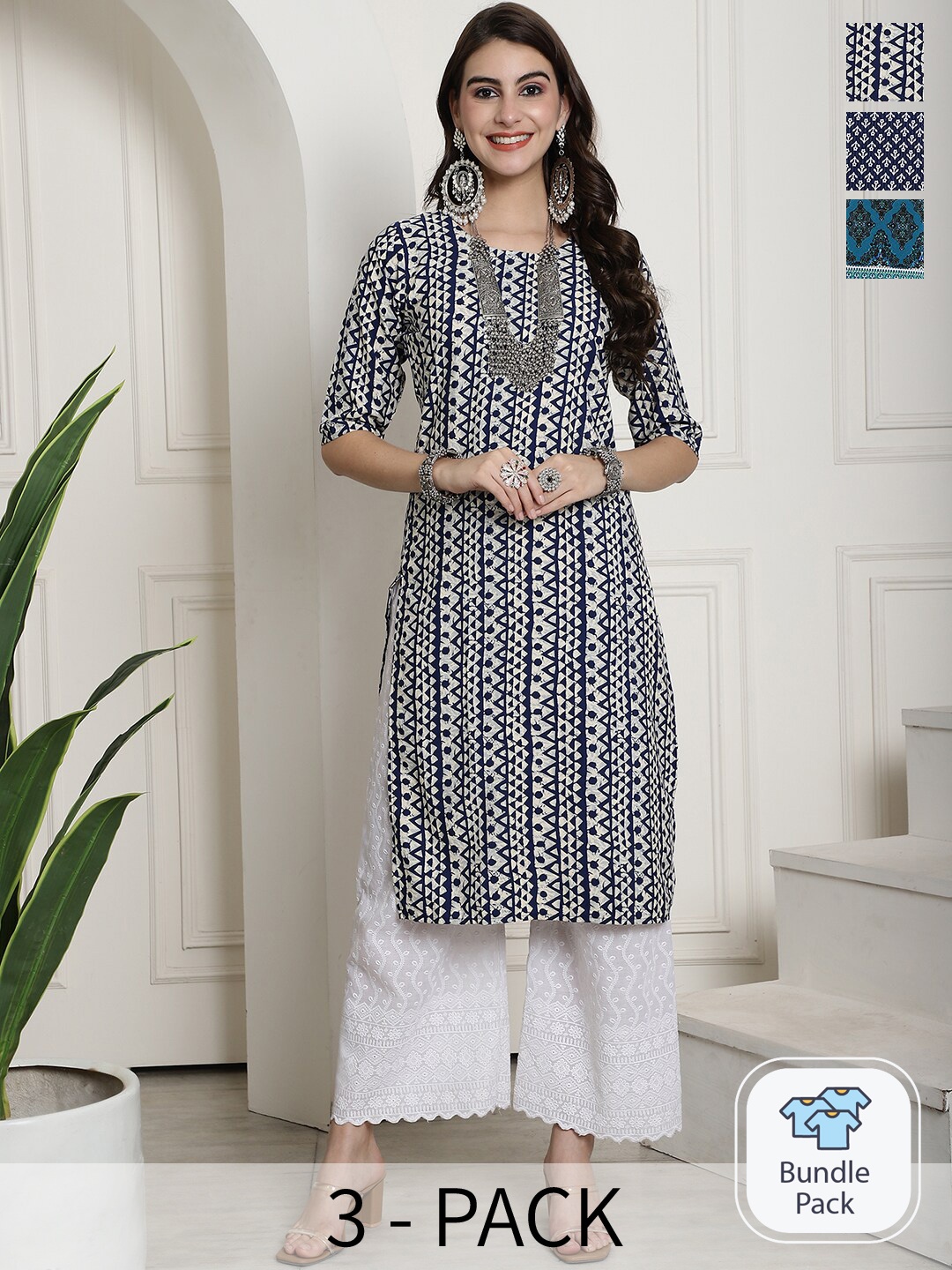 

7Threads A Selection of 3 Ethnic Motifs Printed Straight Kurta, Blue