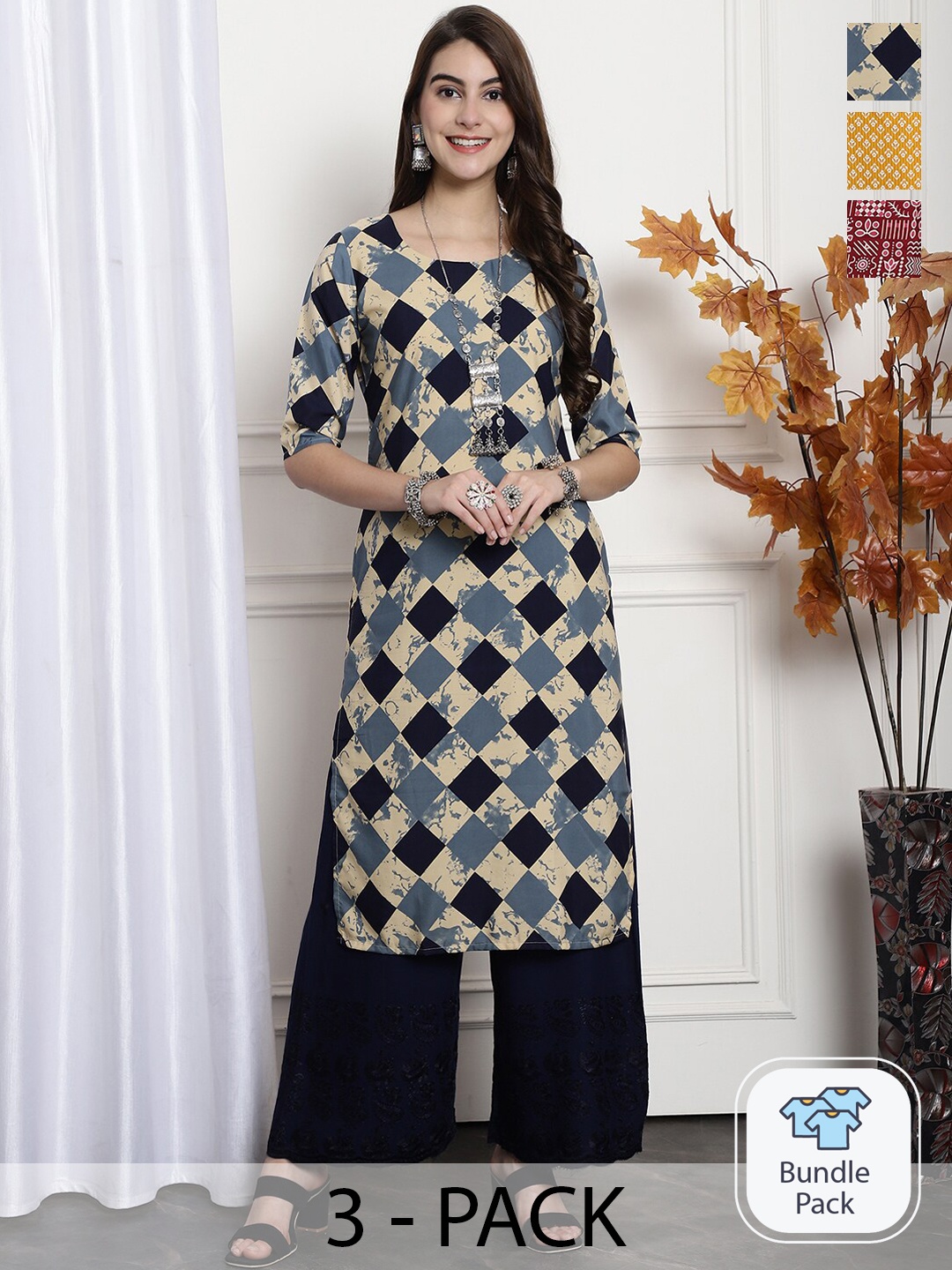 

7Threads A Selection of 3 Geometric Printed Straight Kurta, Beige