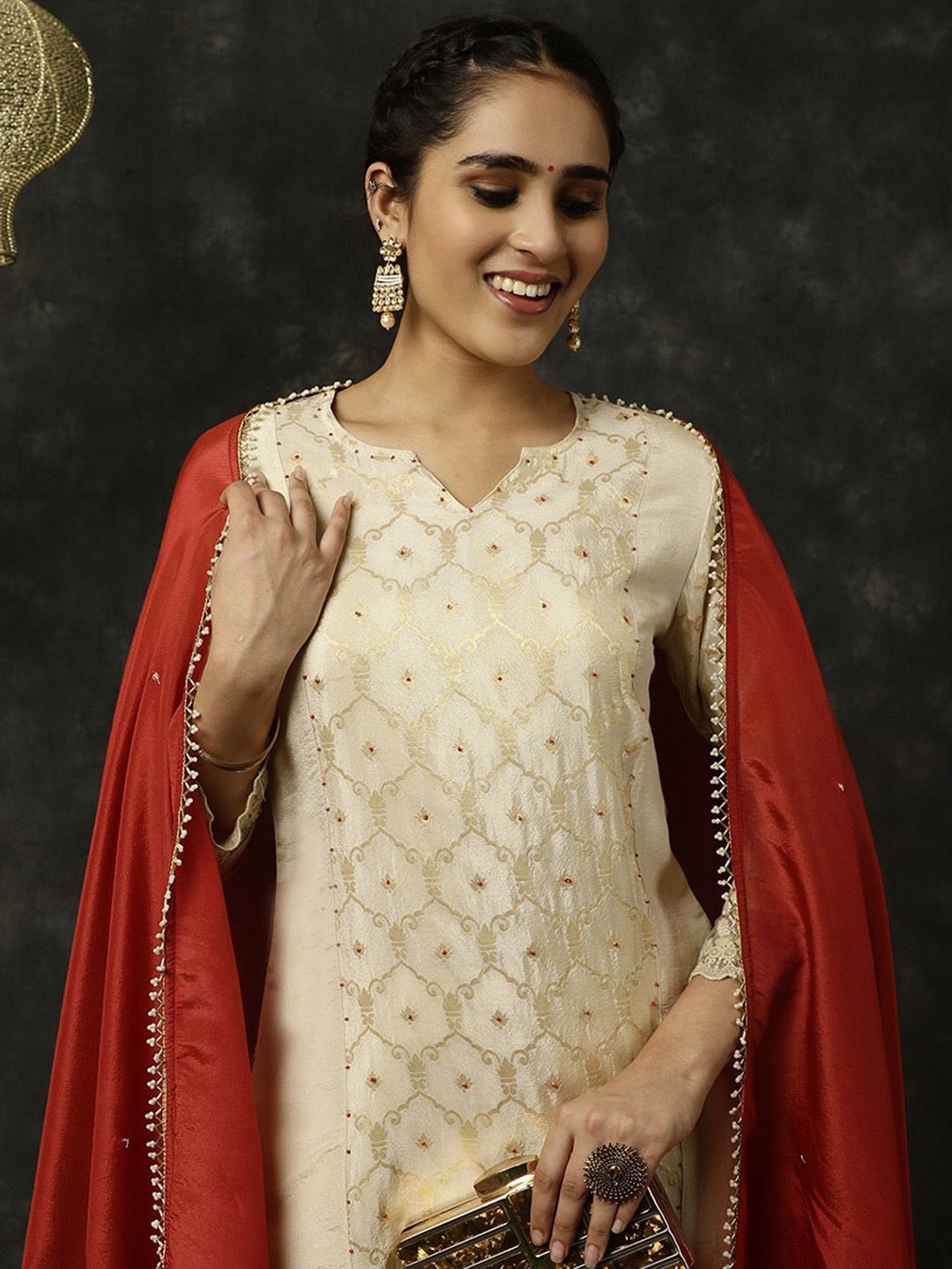 

Jaipur Kurti Bead Work Silk Straight Kurta With Pants And Dupatta, Beige