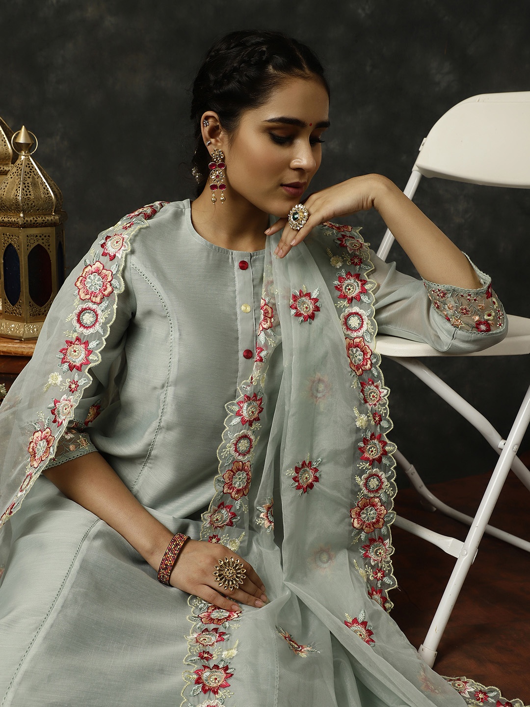 

Jaipur Kurti Round Neck Anarkali Kurta With Trousers & Dupatta, Blue