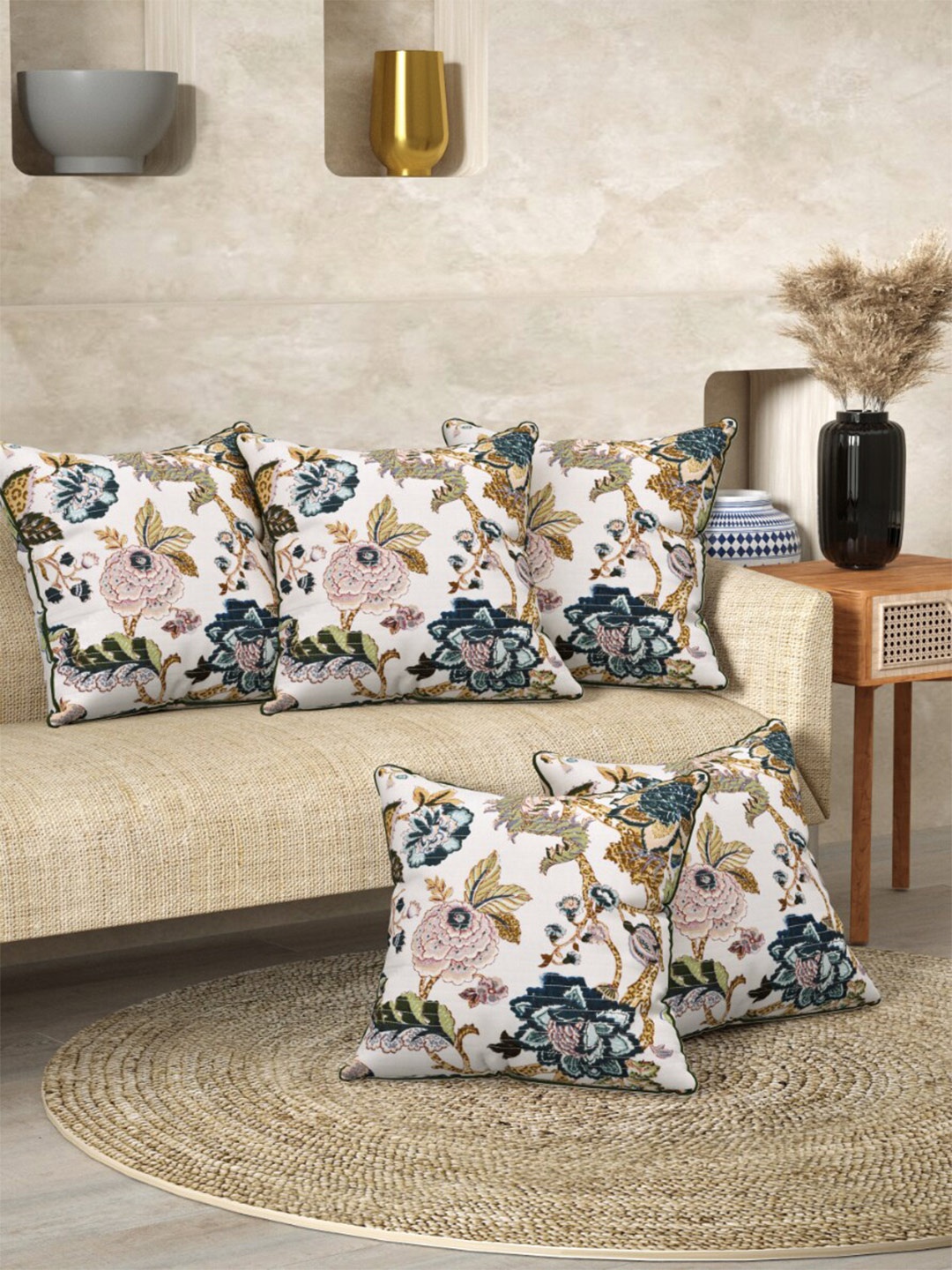 

EasyGoods Cream 2 Pieces Floral Cotton Square Cushion Covers