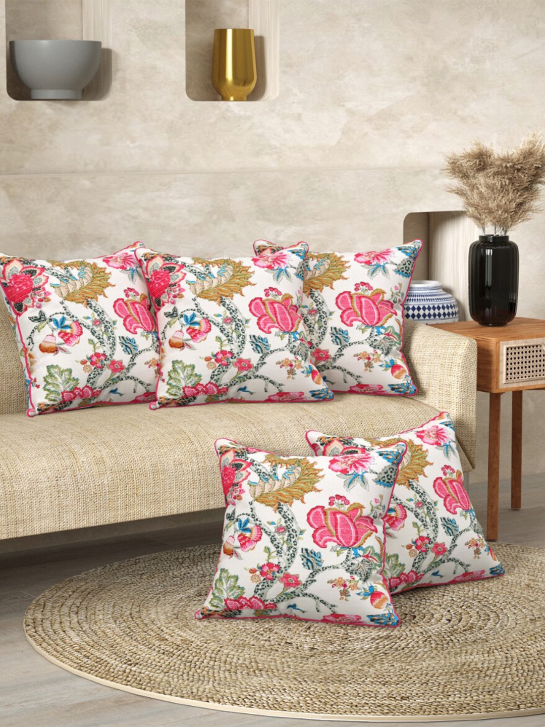 

EasyGoods Off White & Pink Set Of 3 Floral Printed Cotton Square Cushion Covers