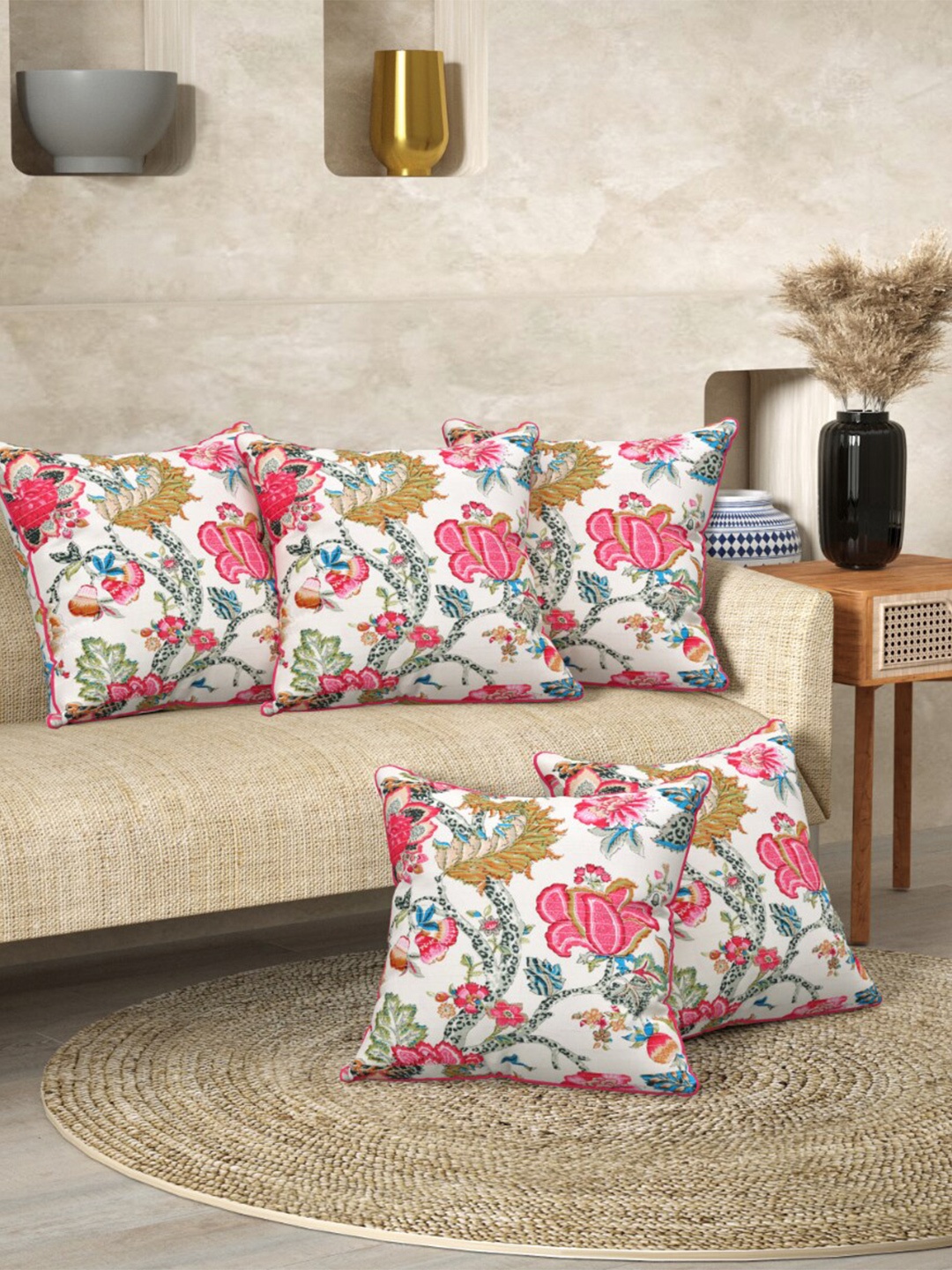

EasyGoods Pink & White 5 Pieces Floral Cotton Square Cushion Covers
