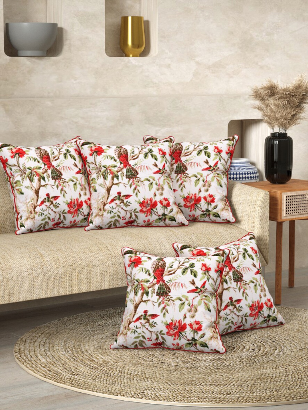 

EasyGoods Off White & Red 5 Pieces Floral Cotton Square Cushion Covers