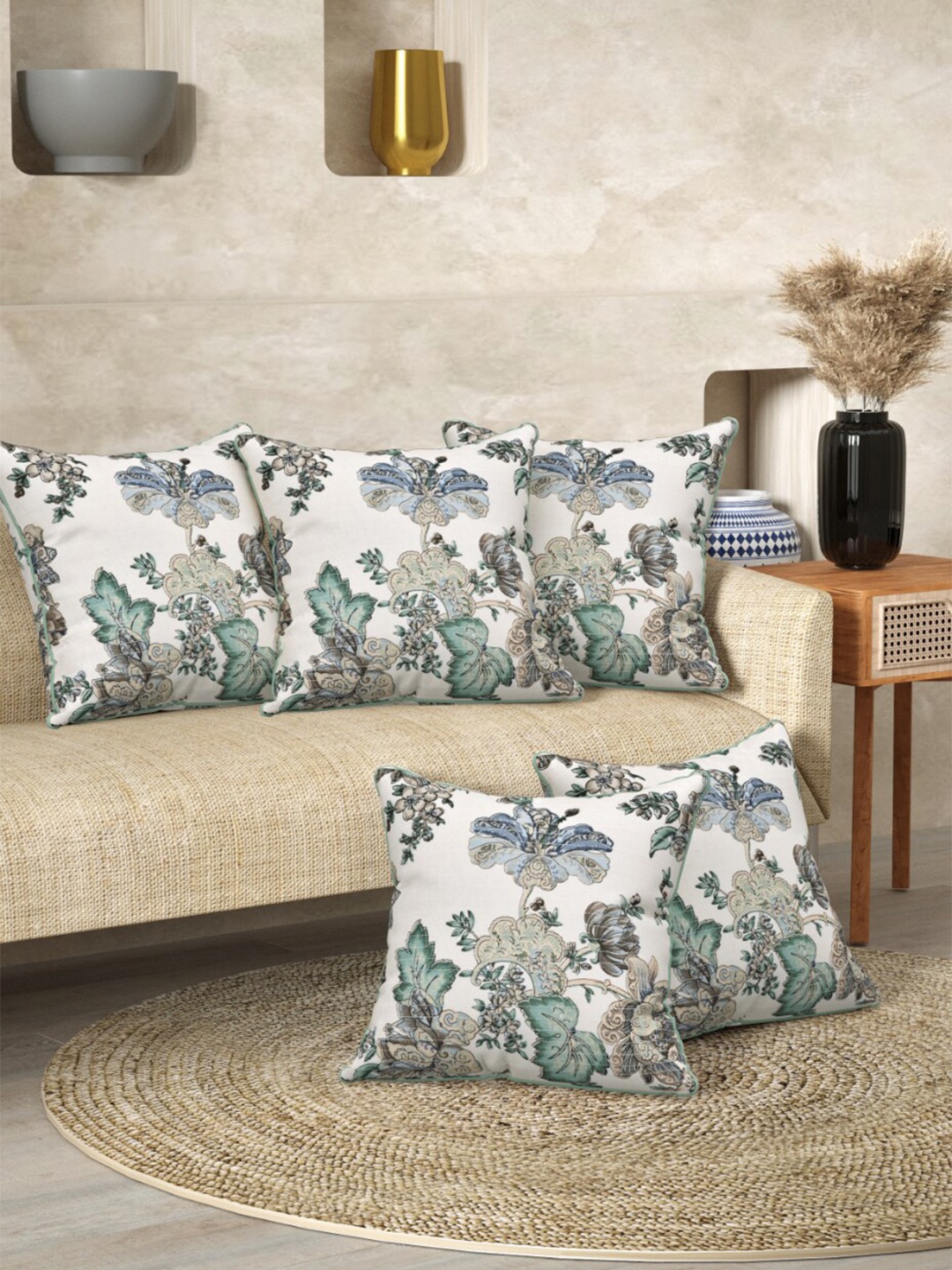 

Easy Goods Anokhi Green 5 pieces Floral Square Cushion Covers