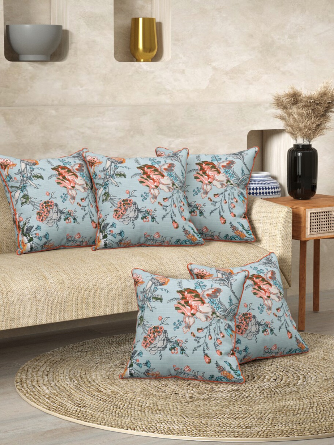 

EasyGoods Anokhi Blue Set Of 5 Floral Printed Cotton Square Cushion Covers