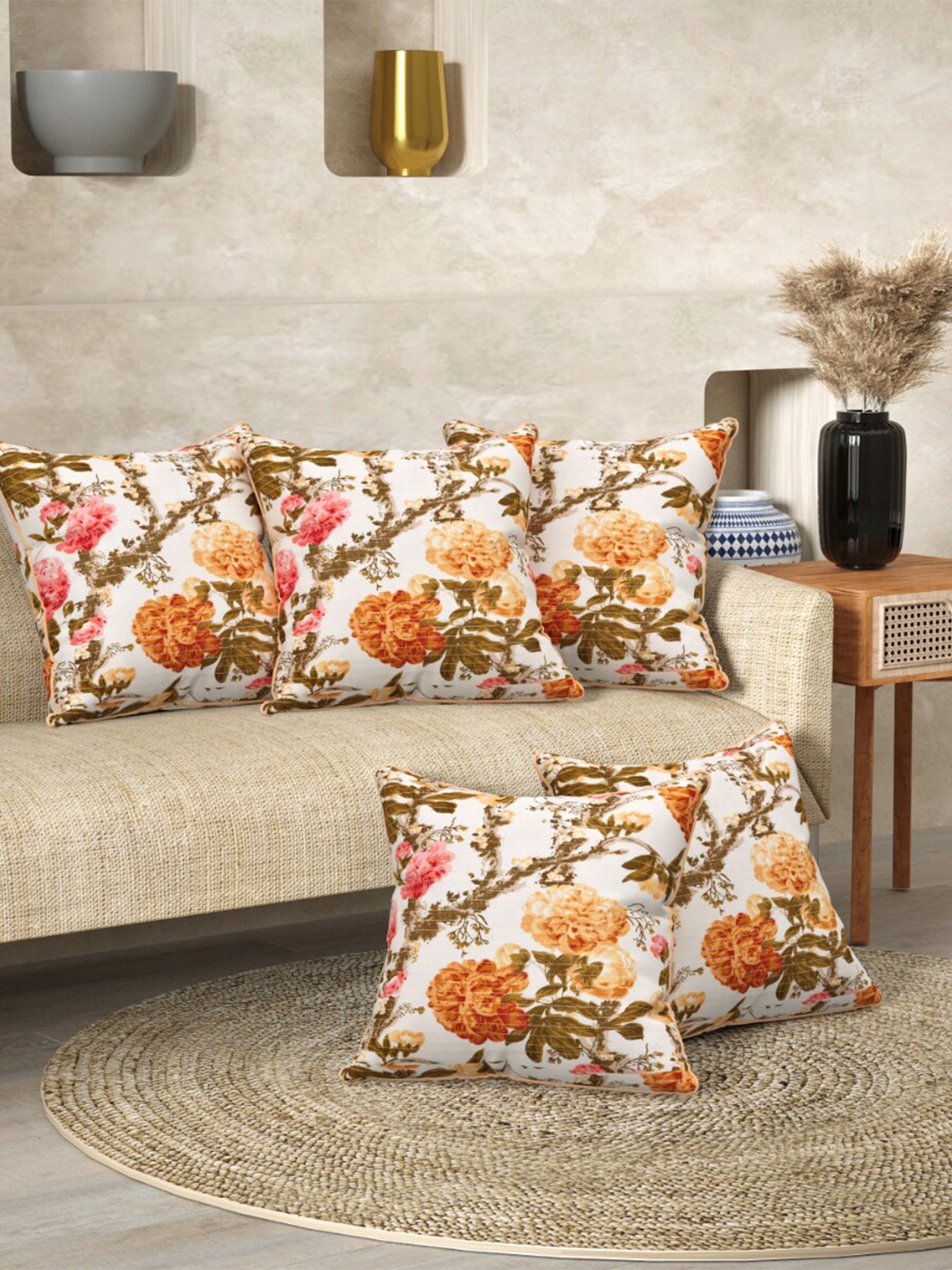 

EasyGoods Anokhi Yellow Set Of 2 Floral Printed Cotton Square Cushion Covers
