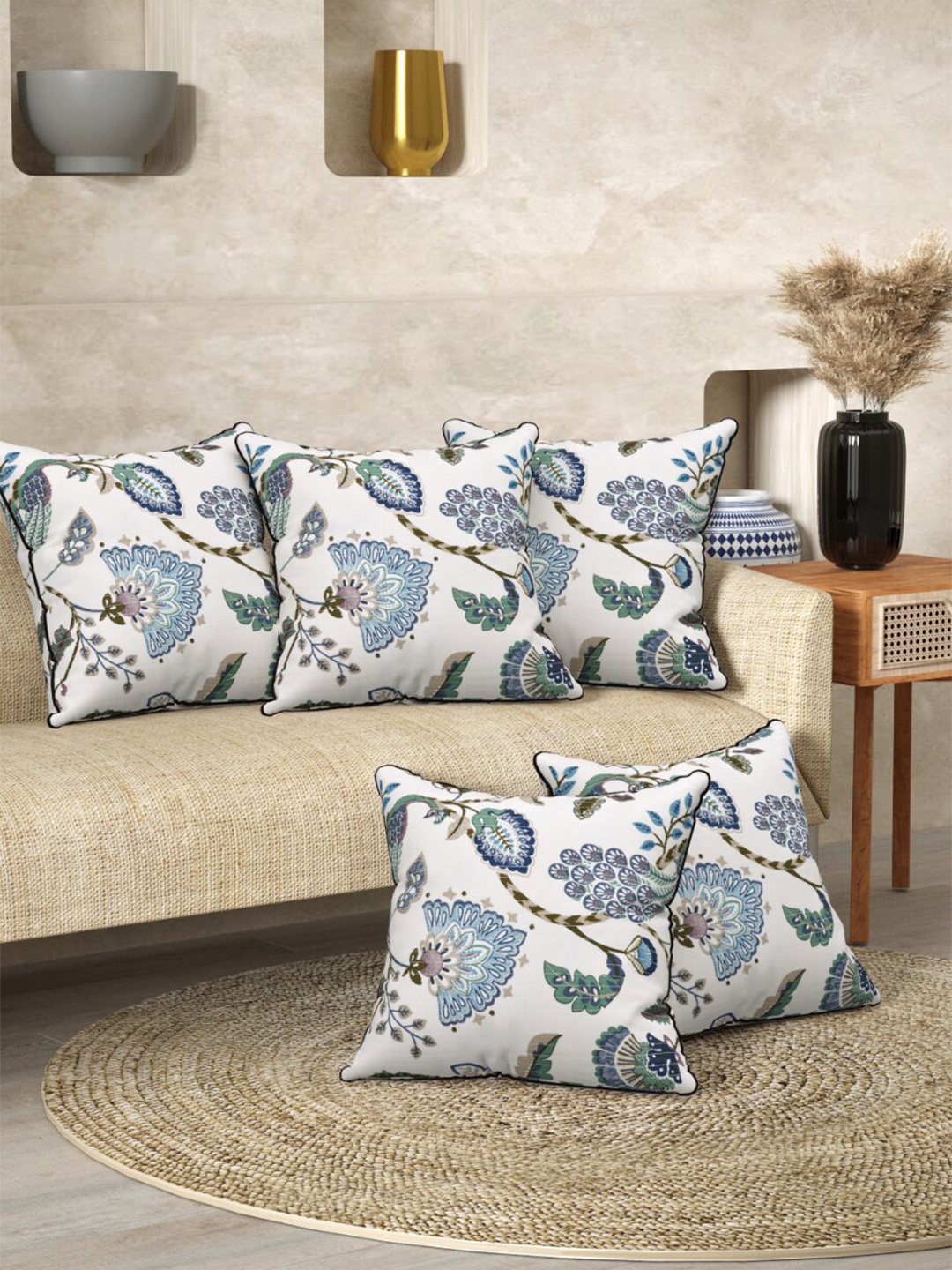 

EasyGoods Blue Set of 5 Floral Square Cushion Covers