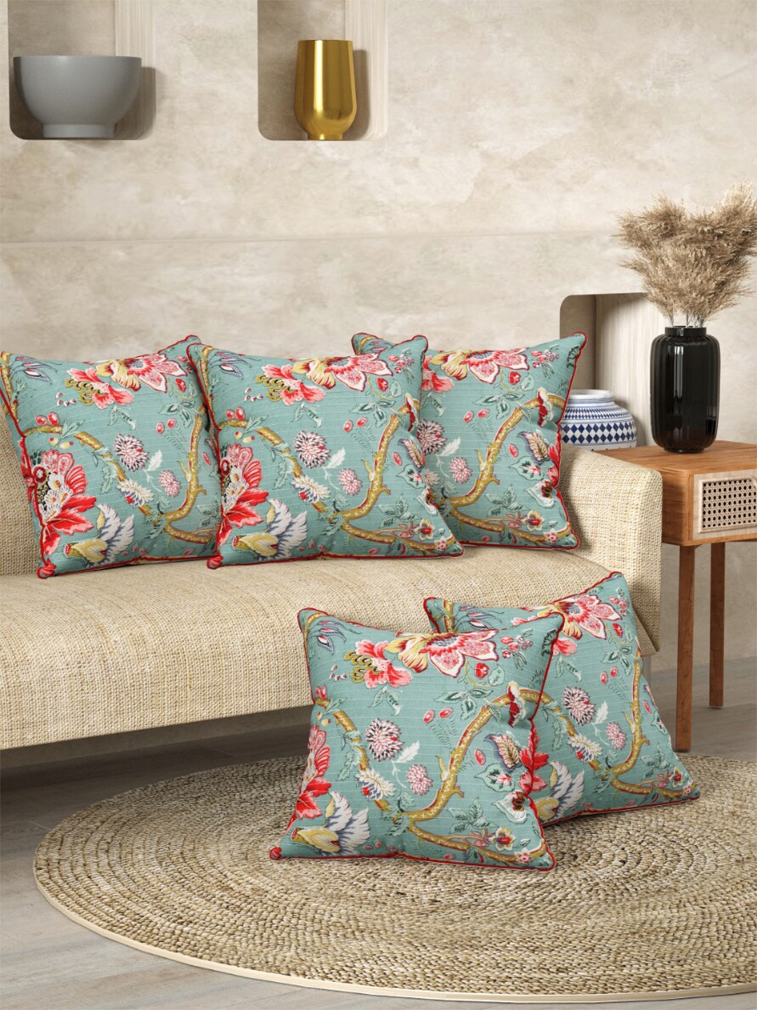 

EasyGoods Anokhi Aqua Green & Pink Set Of 3 Floral Printed Cotton Square Cushion Covers