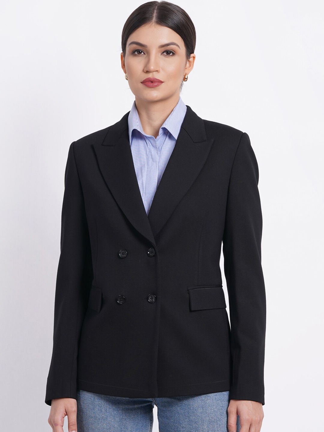 

AUDSTRO Women solid Double-Breasted Blazer, Black