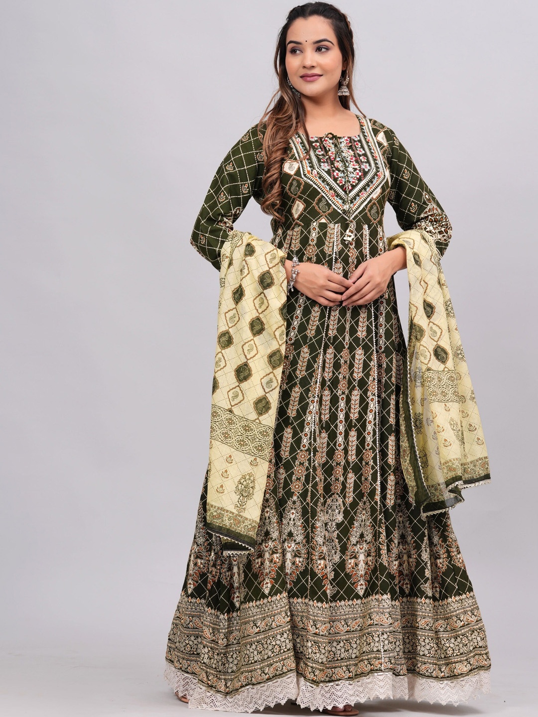 

KALINI Ethnic Motifs Printed Tie-Up Neck Thread Work Kurta With Trousers & Dupatta, Green