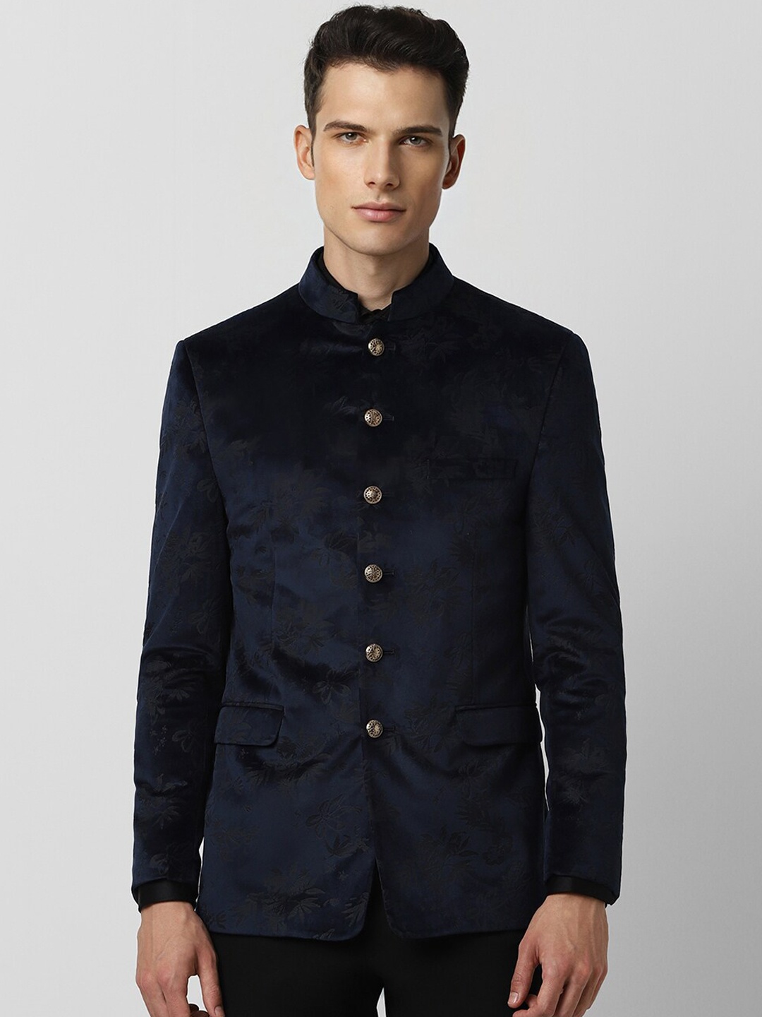 

V Dot Printed Mandarin Collared Slim Fit Party Single Breasted Blazer, Navy blue