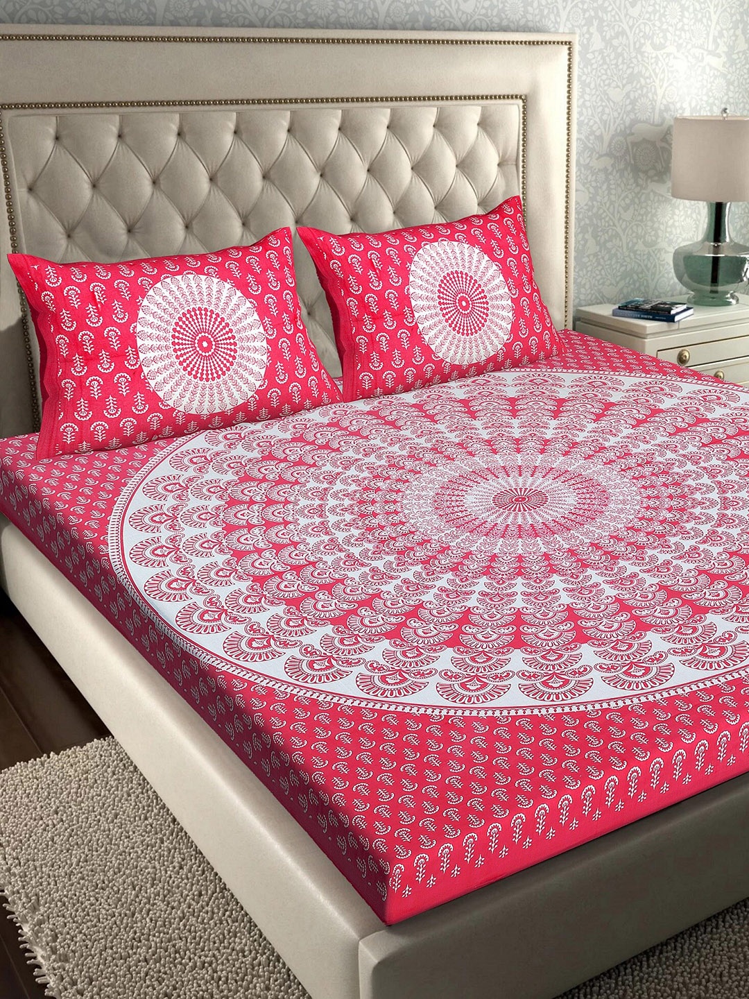 

Rajasthanikart Pink & White Floral Cotton 110 TC Queen Bedsheet With 2 Pillow Covers