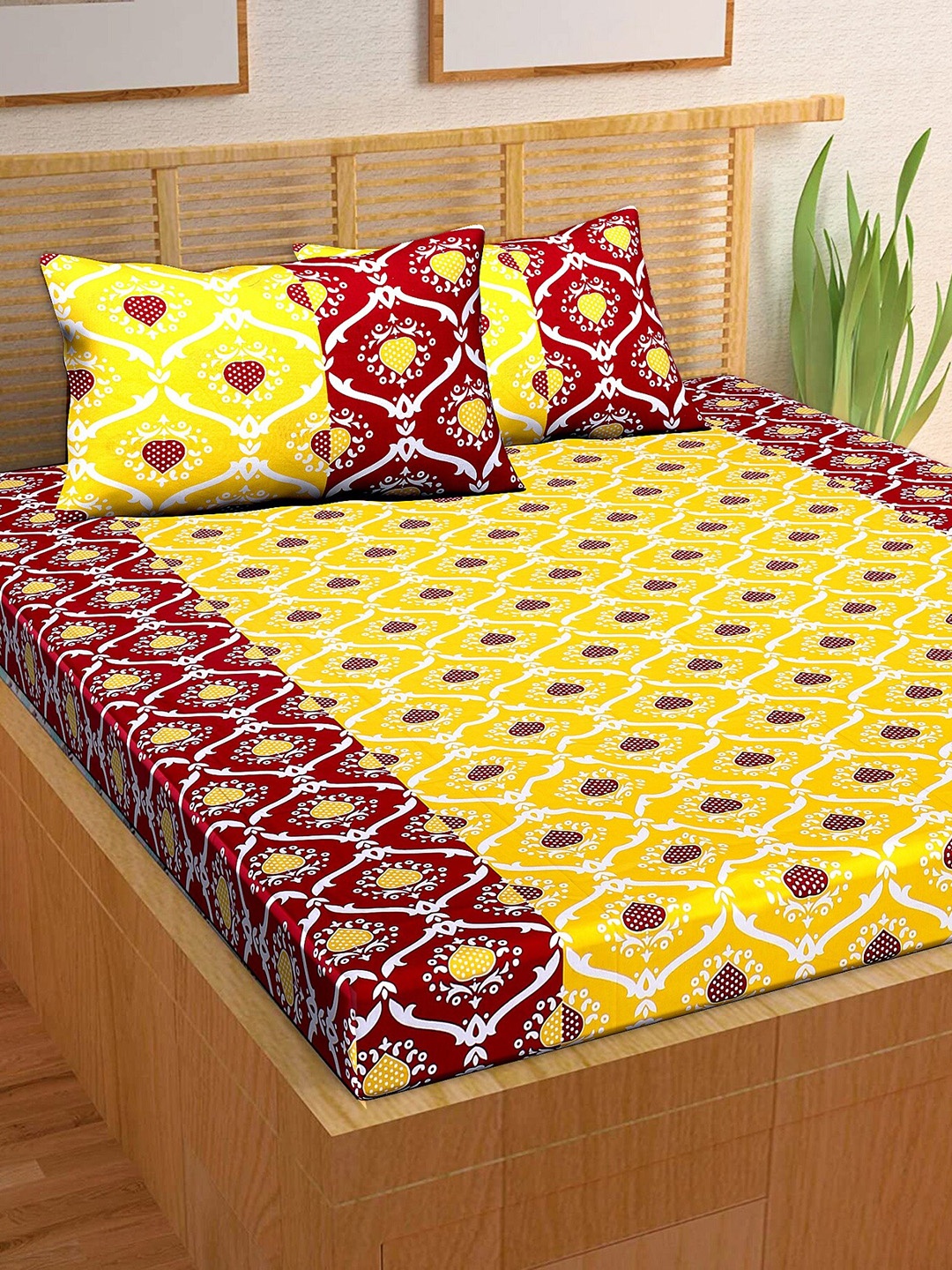 

Rajasthanikart Brown & Yellow Floral Cotton 110 TC Queen Bedsheet With 2 Pillow Covers
