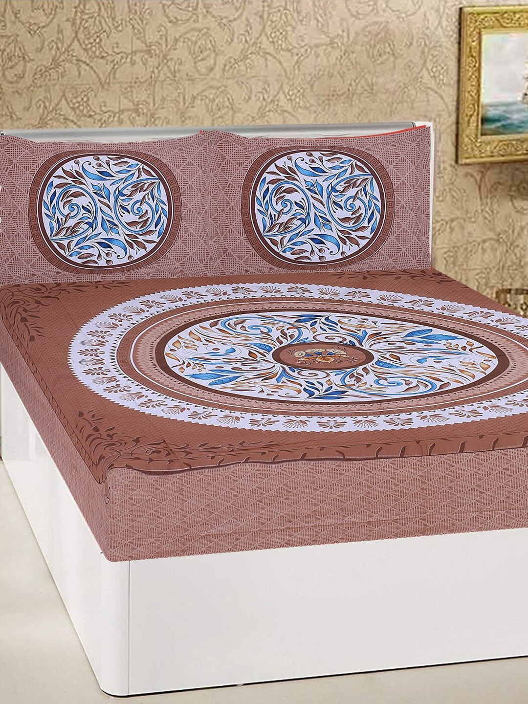 

Rajasthanikart Brown & White Floral Cotton 110 TC Queen Bedsheet With 2 Pillow Covers