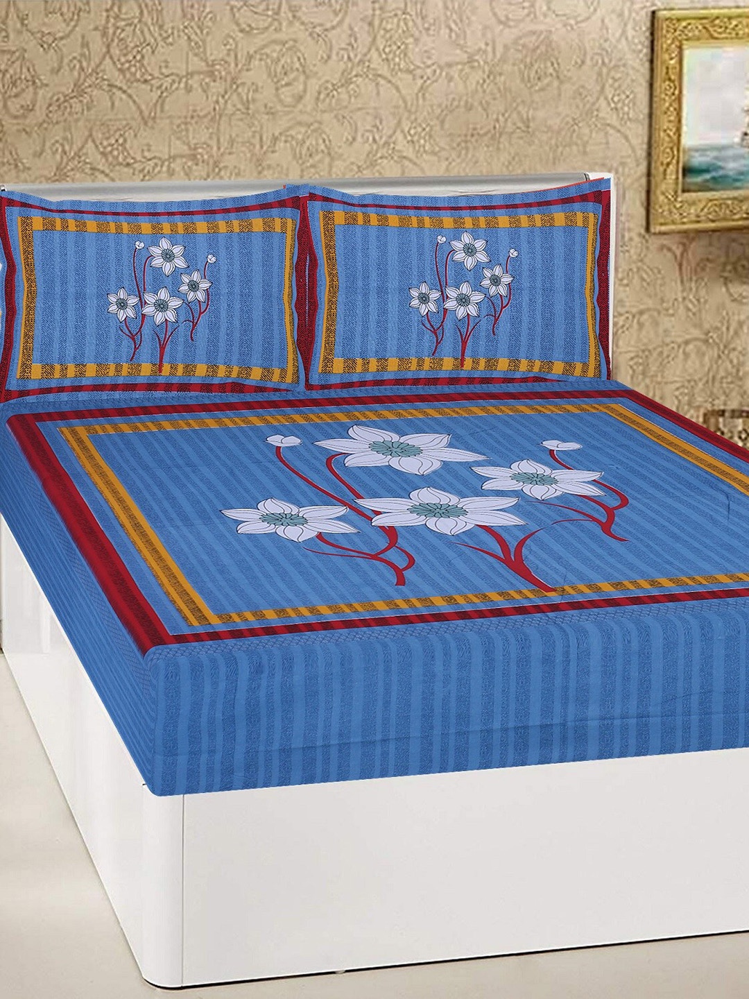 

Rajasthanikart Blue Floral Cotton 110 TC Queen Bedsheet with 2 Pillow Covers