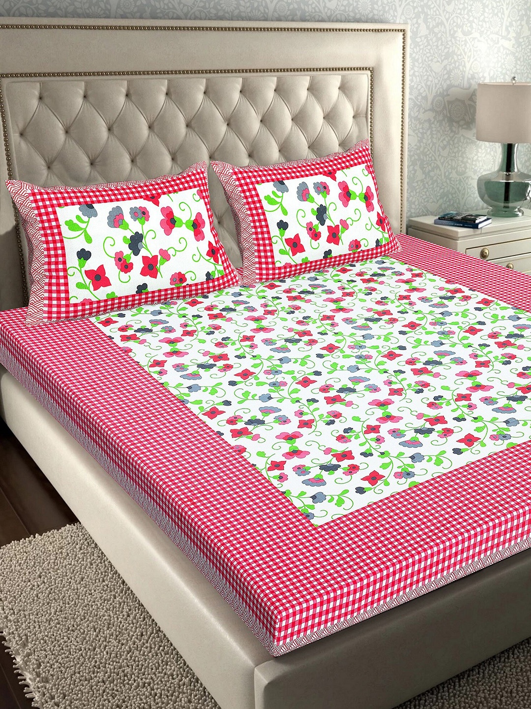 

Rajasthanikart Pink Floral Cotton 110 TC Queen Bedsheet with 2 Pillow Covers