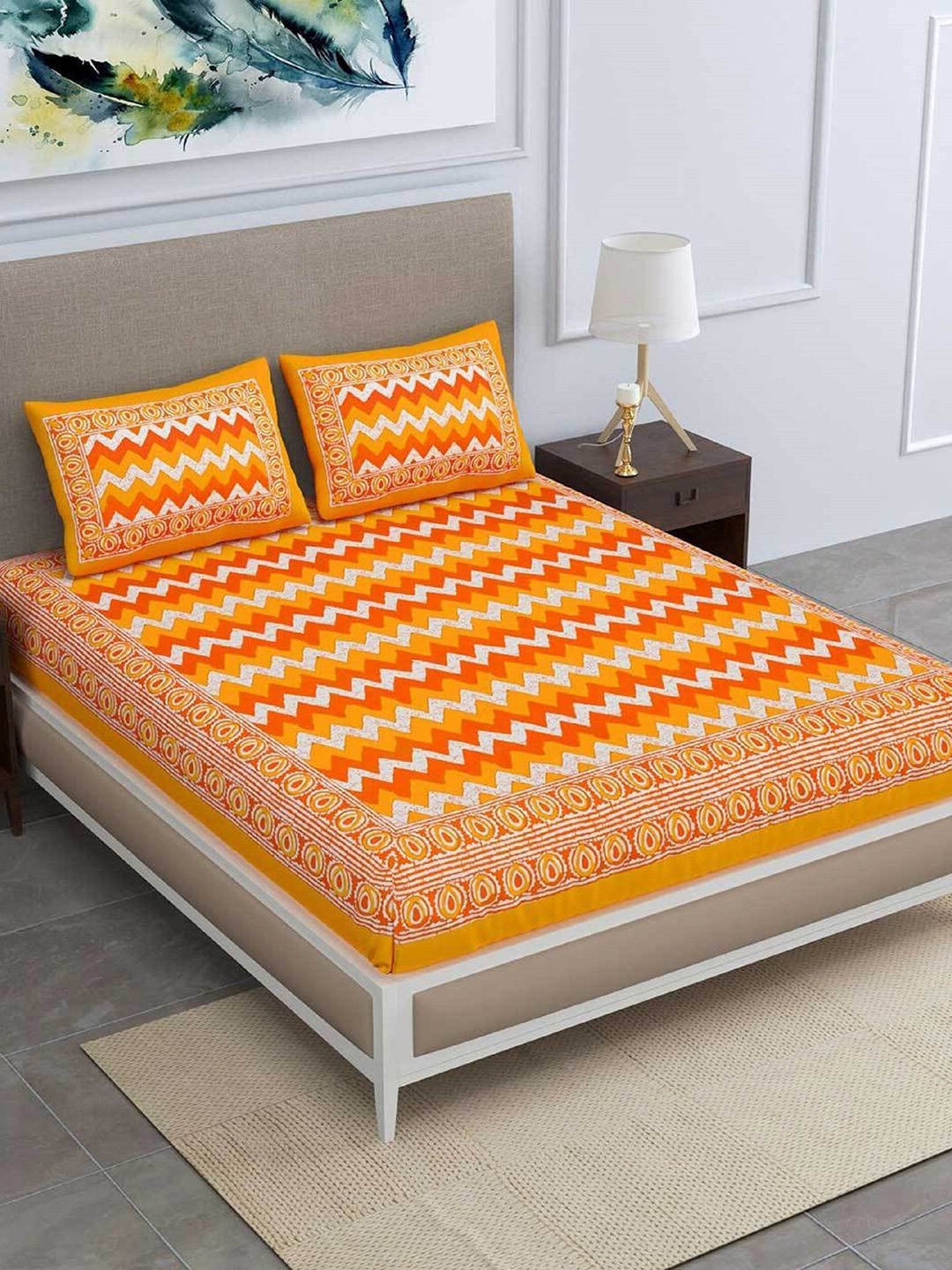 

Rajasthanikart Orange Geometric Cotton 110 TC Queen Bedsheet with 2 Pillow Covers