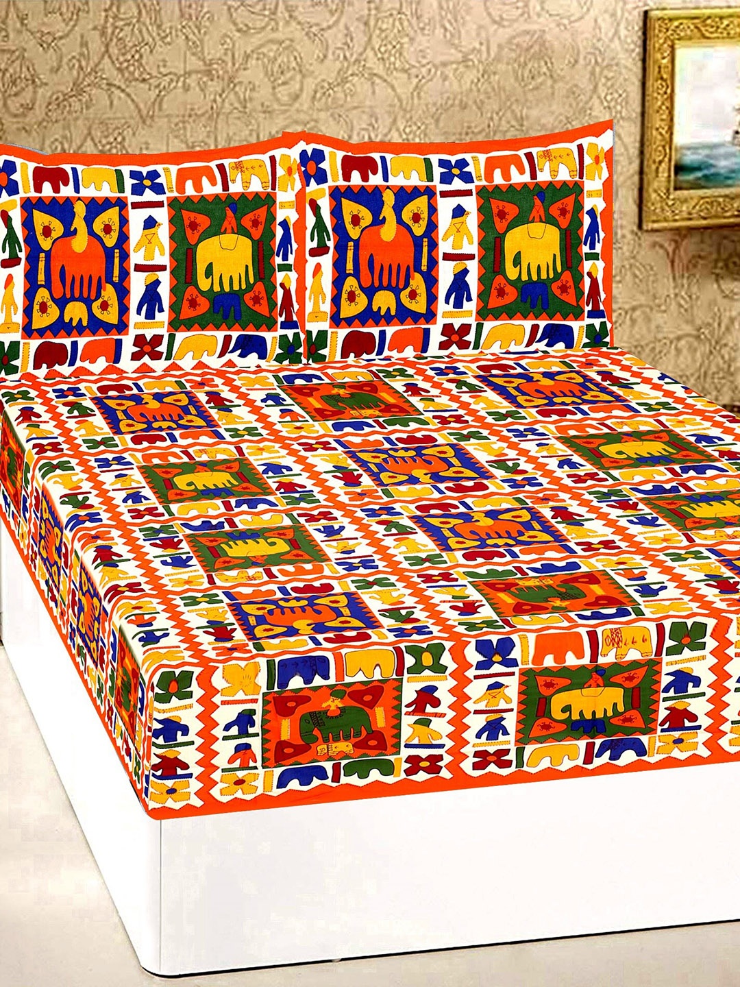 

Rajasthanikart Orange Ethnic Motifs Cotton 110 TC Queen Bedsheet with 2 Pillow Covers