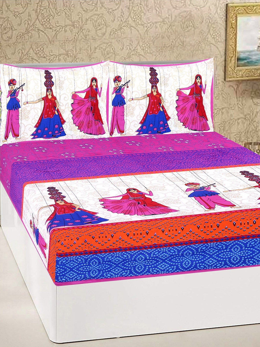 

Rajasthanikart Pink Ethnic Motifs Cotton 110 TC Queen Bedsheet With 2 Pillow Covers