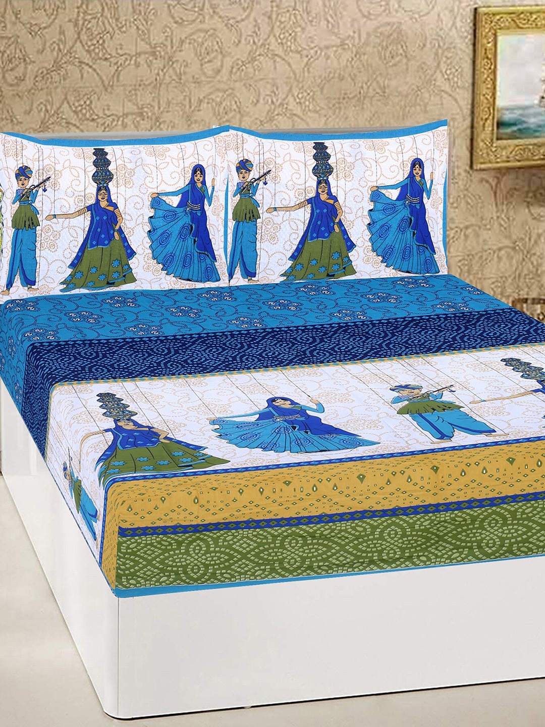 

Rajasthanikart Green Floral Cotton 110 TC Queen Bedsheet with 2 Pillow Covers