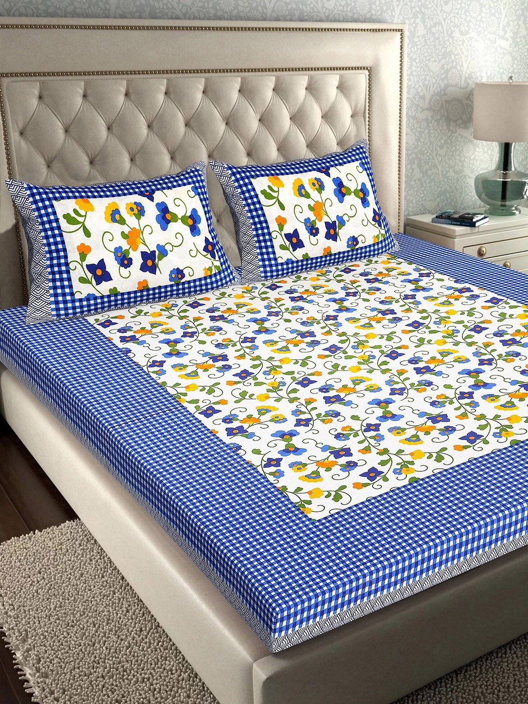 

Rajasthanikart Blue Floral Cotton 110 TC Queen Bedsheet with 2 Pillow Covers