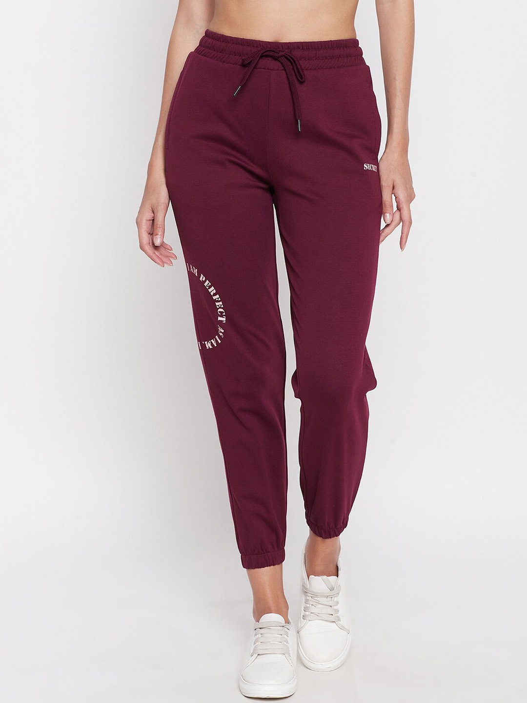 

MADAME M SECRET Women Typography Printed Mid-Rise Joggers, Maroon