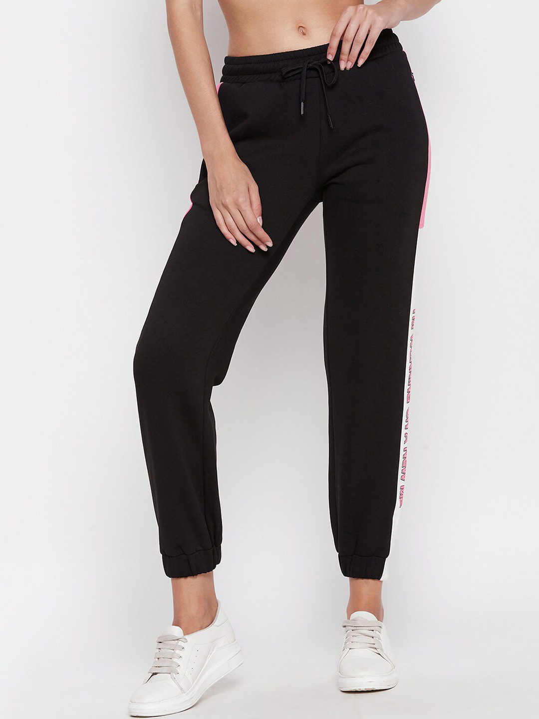 

MADAME M SECRET Women Side Tape Mid-Rise Joggers, Black