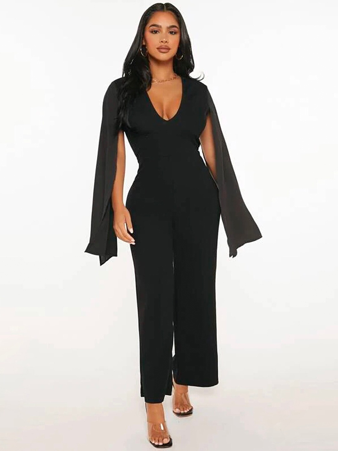 

LULU & SKY Flared Sleeves V-Neck Basic Jumpsuit, Black