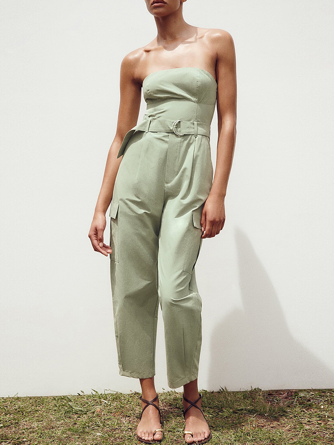 

LULU & SKY Smocked Buckle-Belt Mom Fit Basic Tube Jumpsuit, Sea green